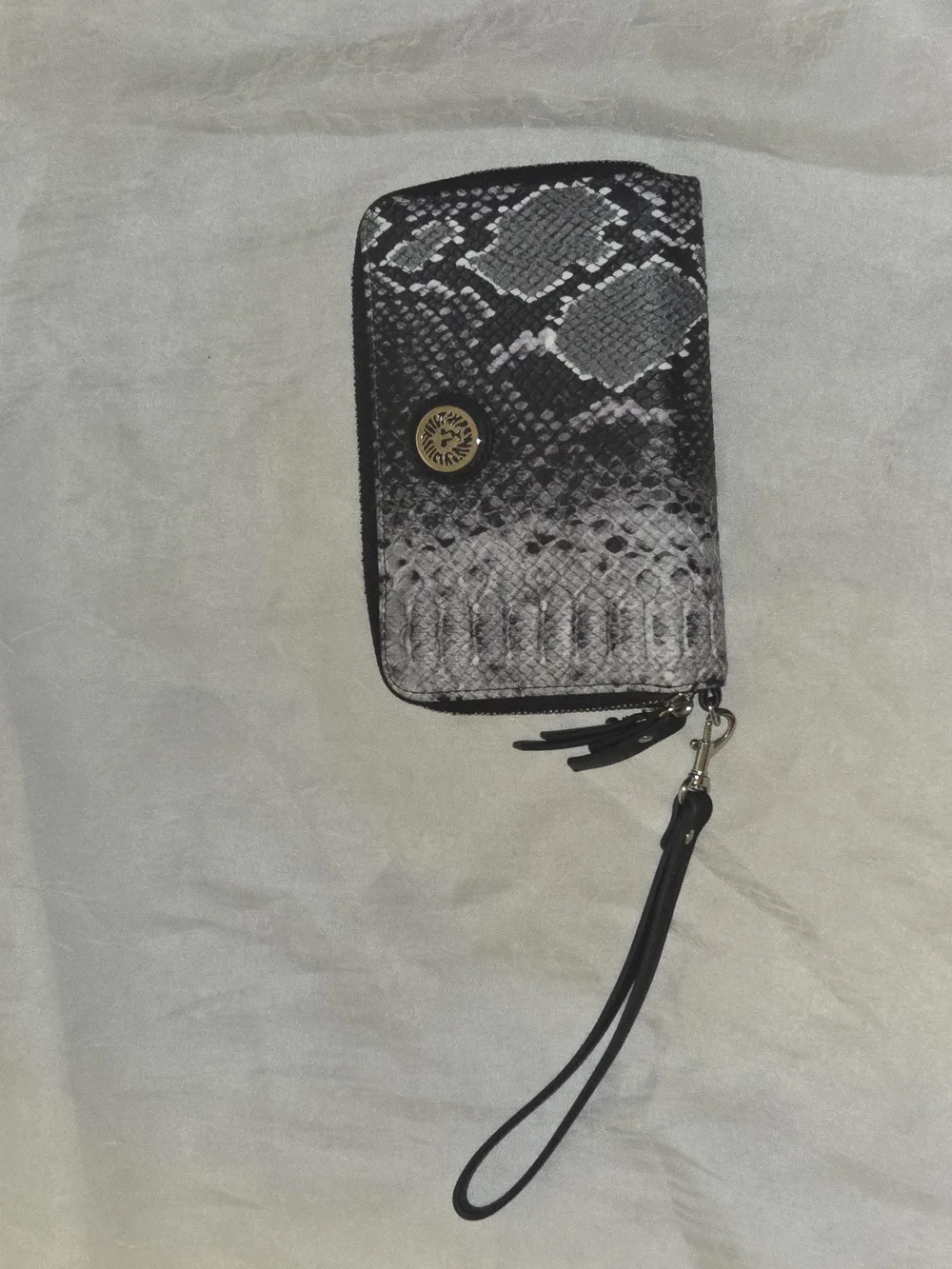 Anne Klein Snake-Print Wristlet Wallet in Black and Gray with Gold Accent